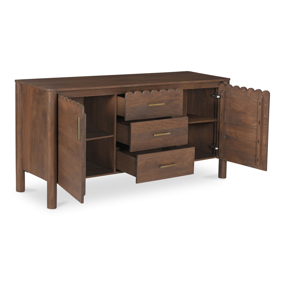 Wooden sideboard with two cabinet doors, three drawers, and dark metal hinges