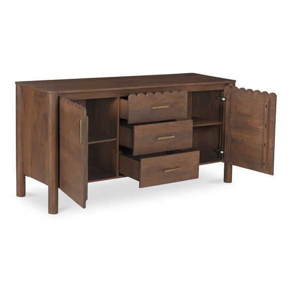 Wooden sideboard with two cabinet doors, three drawers, and dark metal hinges