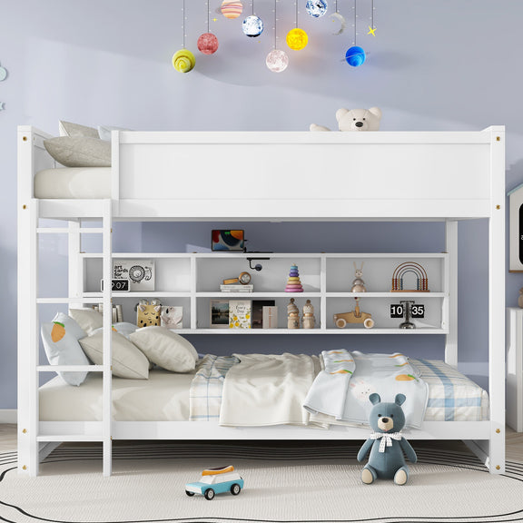 White queen-over-queen bunk bed with guardrails, ladder, and built-in storage shelves
