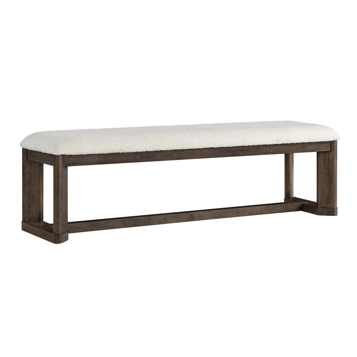 Beige upholstered backless dining bench with padded top and dark wood legs