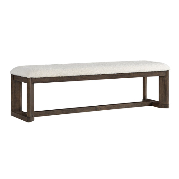 Beige upholstered backless dining bench with padded top and dark wood legs