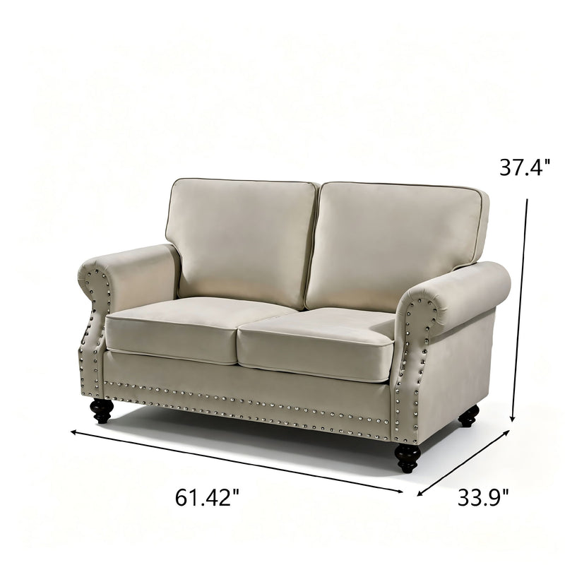 Beige 2-seat loveseat sofa with nailhead trim and turned legs, two cushioned seats