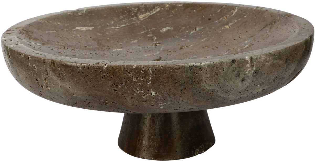 Gray stone pedestal bowl with shallow round basin and speckled texture