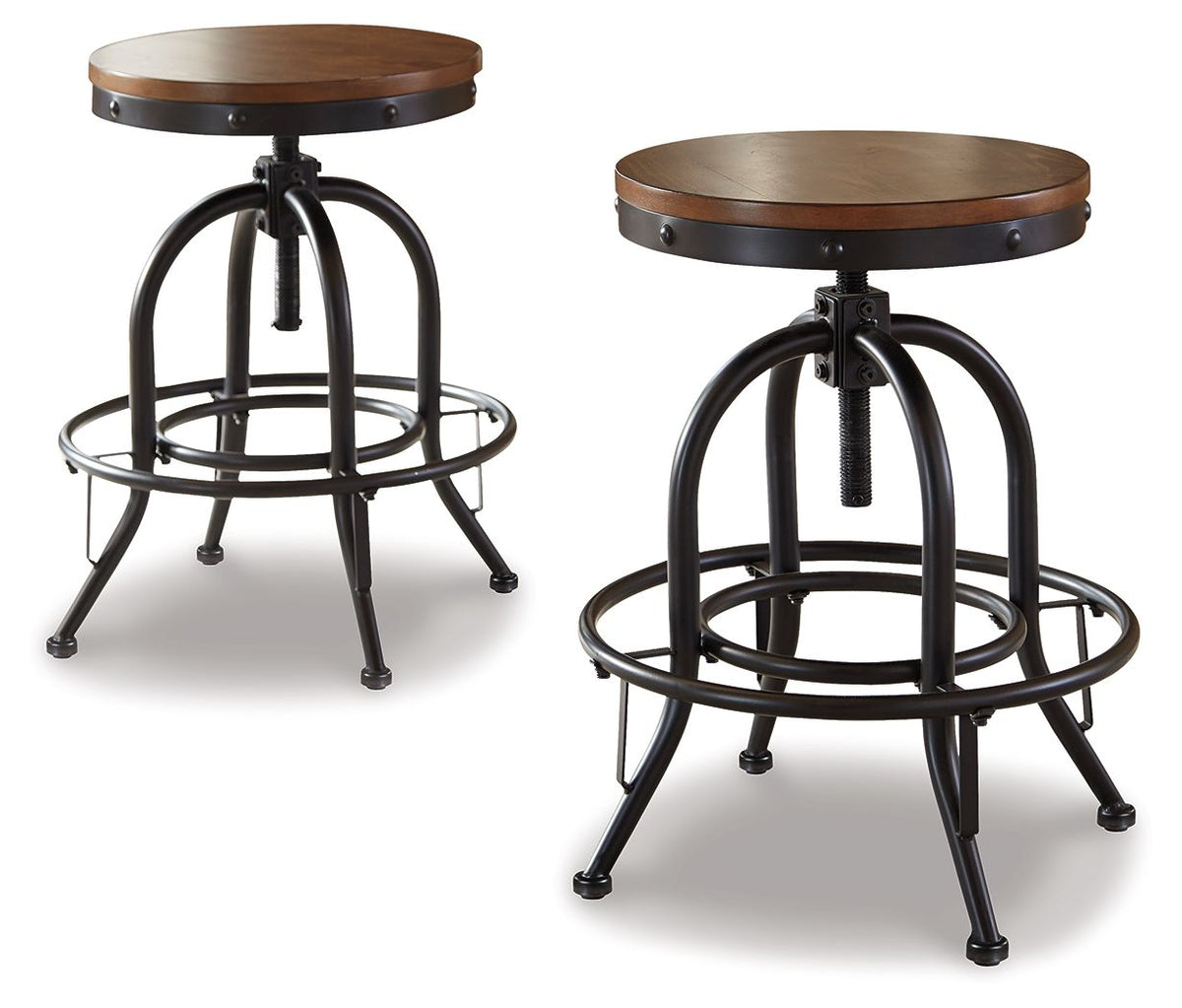 Swivel barstool set of 2 with round brown wood seat and black metal ring footrest