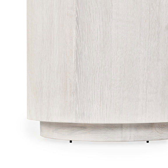 Round end table base and side view in white wash finish