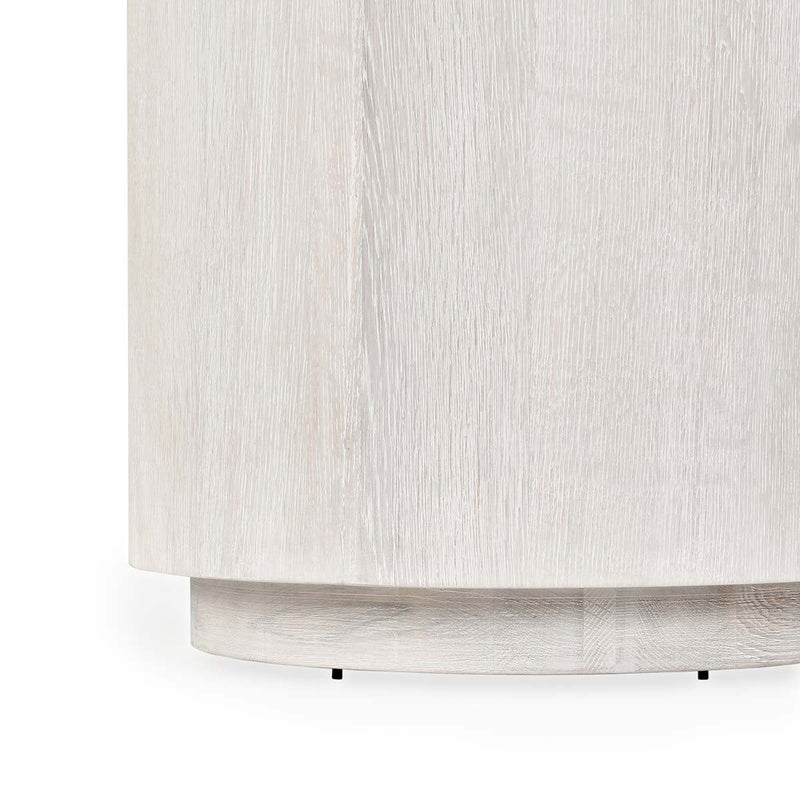 Round end table base and side view in white wash finish