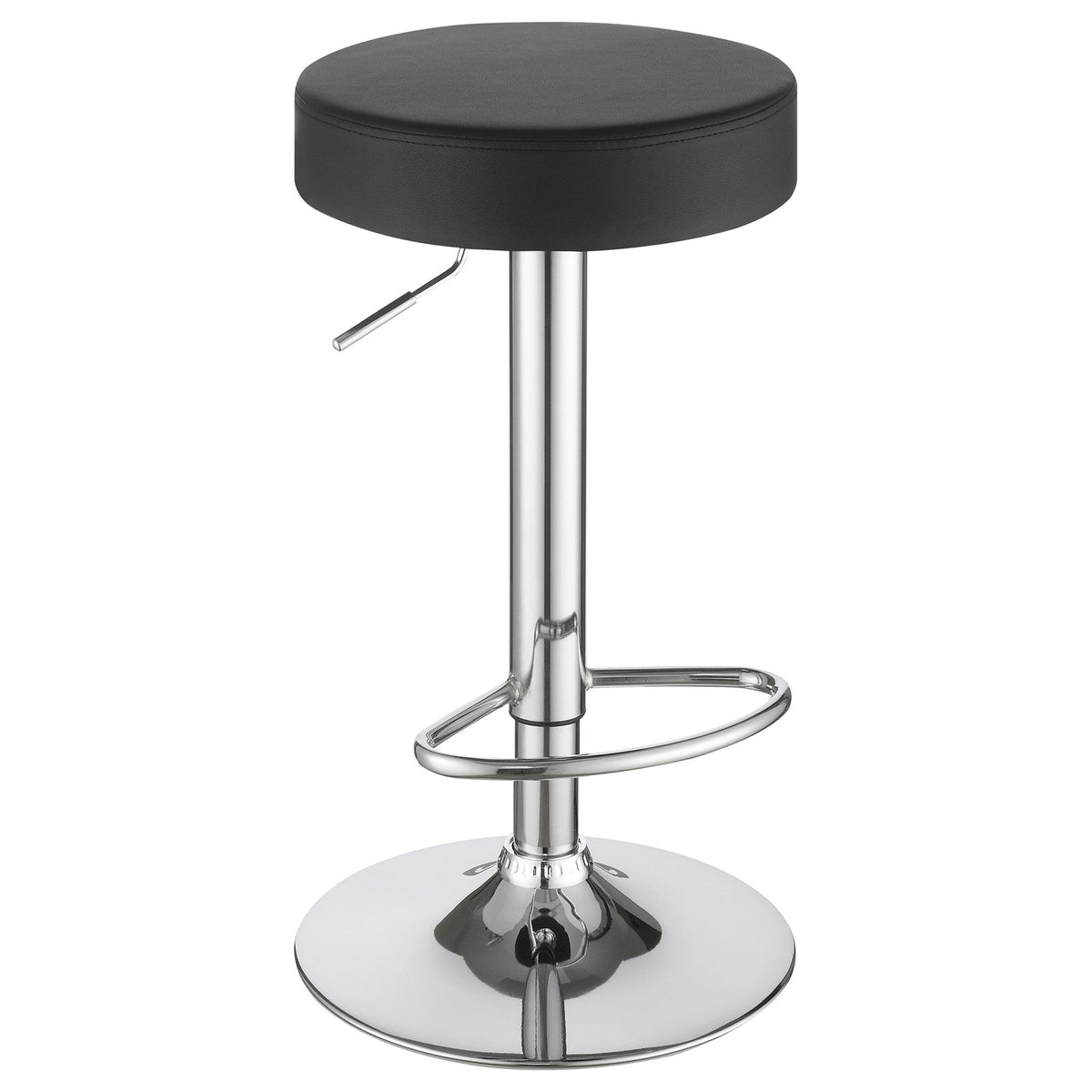 Adjustable black padded bar stool with chrome pedestal, round base, and footrest.