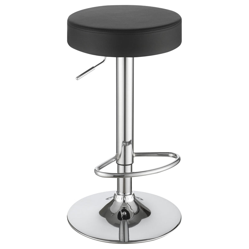 Adjustable black padded bar stool with chrome pedestal, round base, and footrest.