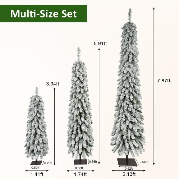 Slim flocked pencil trees in white: 3.9ft, 5.9ft, 7.9ft