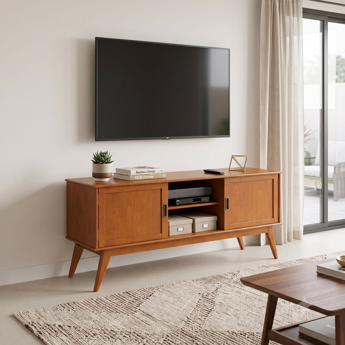 Low TV media stand with two side cabinets and center shelf, honey wood finish