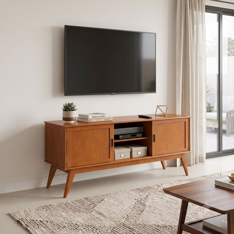 Low TV media stand with two side cabinets and center shelf, honey wood finish
