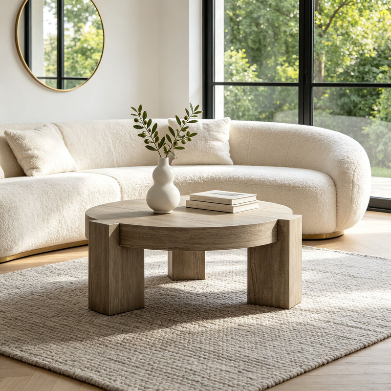 Beige round coffee table with curved apron and short legs in living room setup