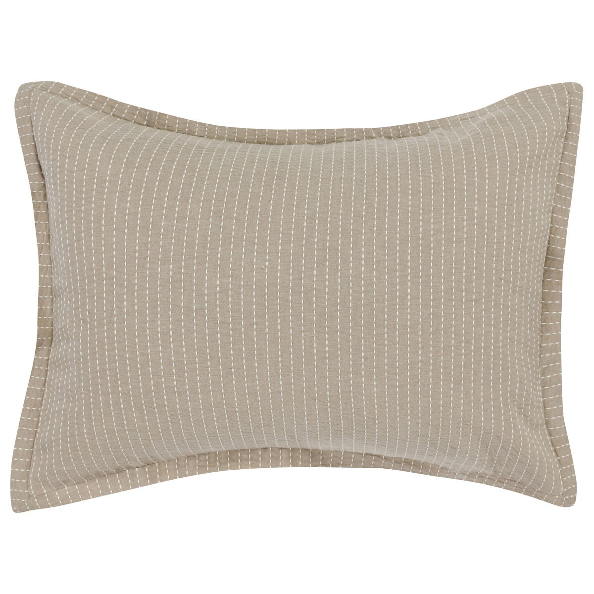 Rectangular natural tan pillow sham with fine vertical stripe weave and stitched border