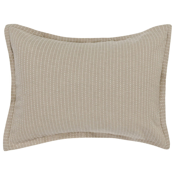 Rectangular natural tan pillow sham with fine vertical stripe weave and stitched border