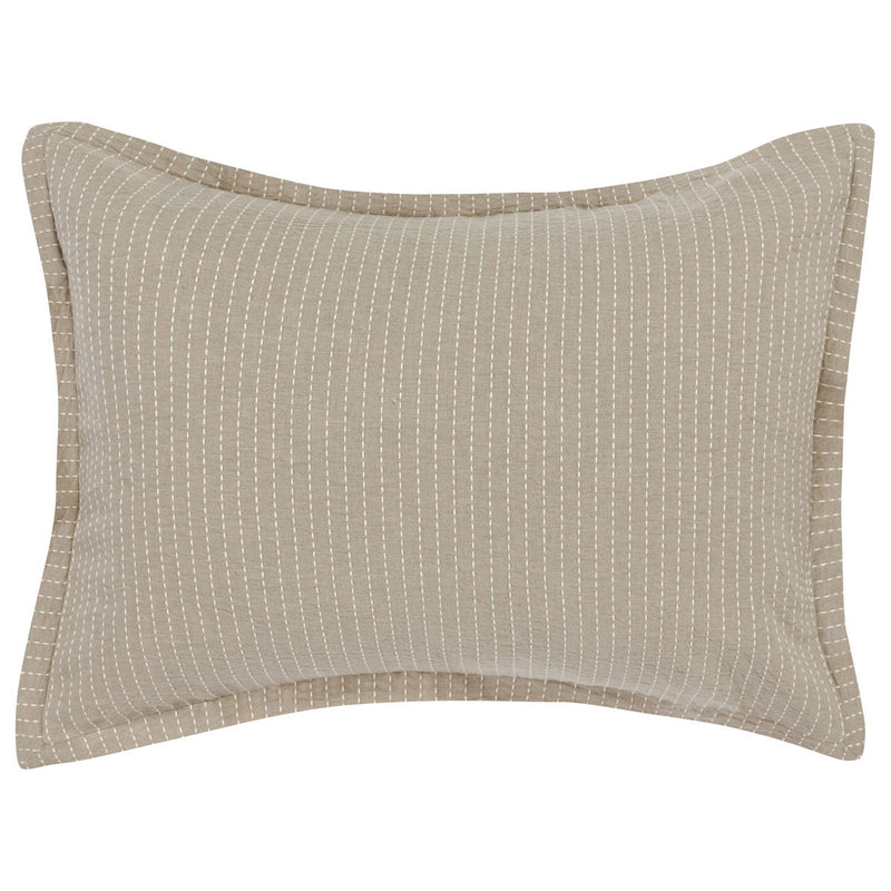 Rectangular natural tan pillow sham with fine vertical stripe weave and stitched border