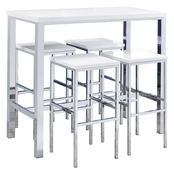 Gloss white 5-piece bar table and matching stools set with footrests