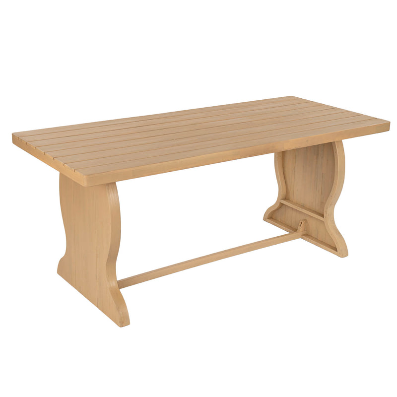 Rectangular Outdoor Dining Table, With Slatted Top And Fish Tail Curved Pedestal Legs - Light Teak