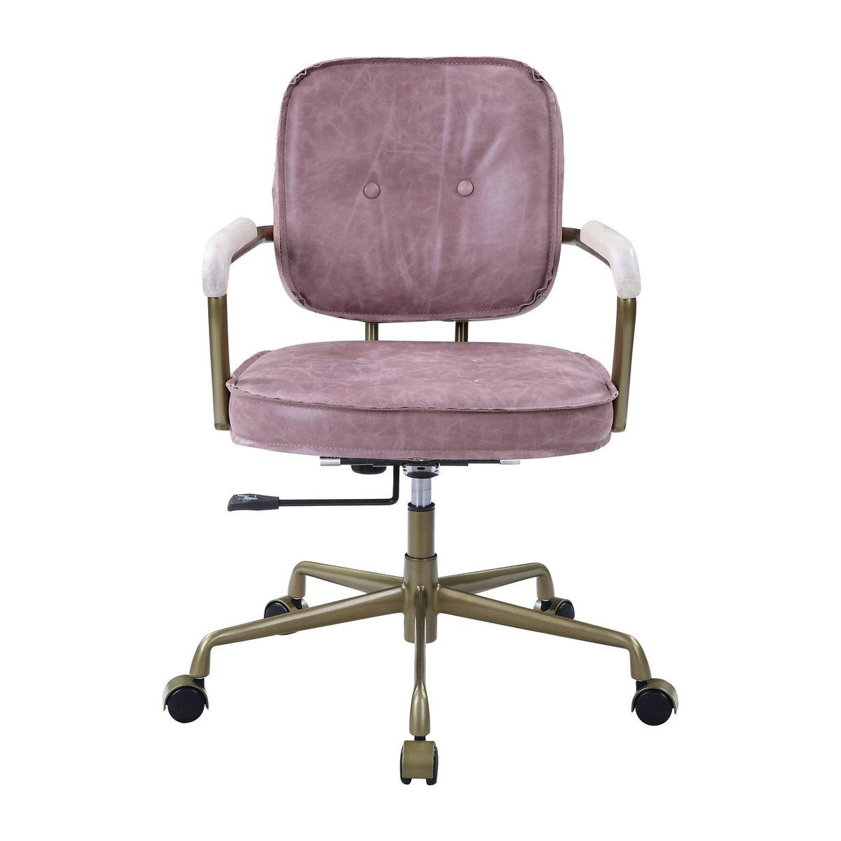 Pink office chair with tufted back and cushioned seat, padded armrests, on rolling base.