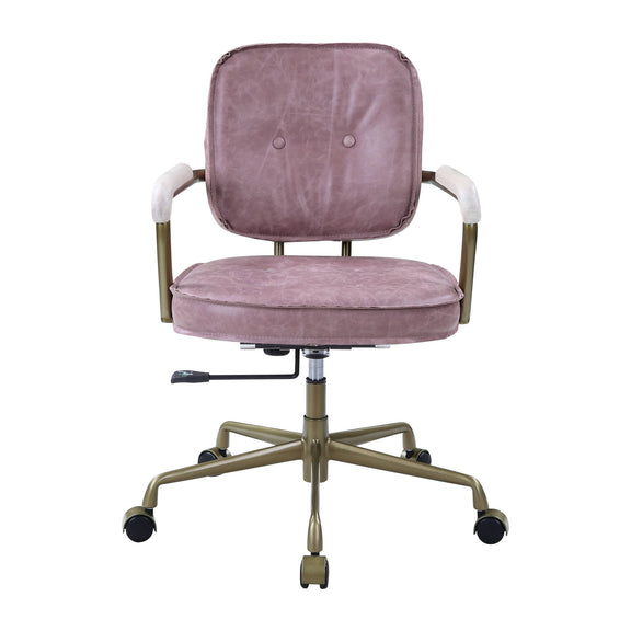 Pink office chair with tufted back and cushioned seat, padded armrests, on rolling base.