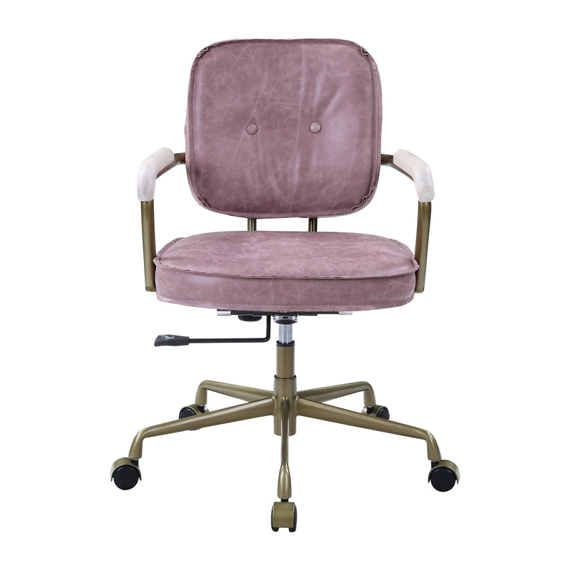 Pink office chair with tufted back and cushioned seat, padded armrests, on rolling base.