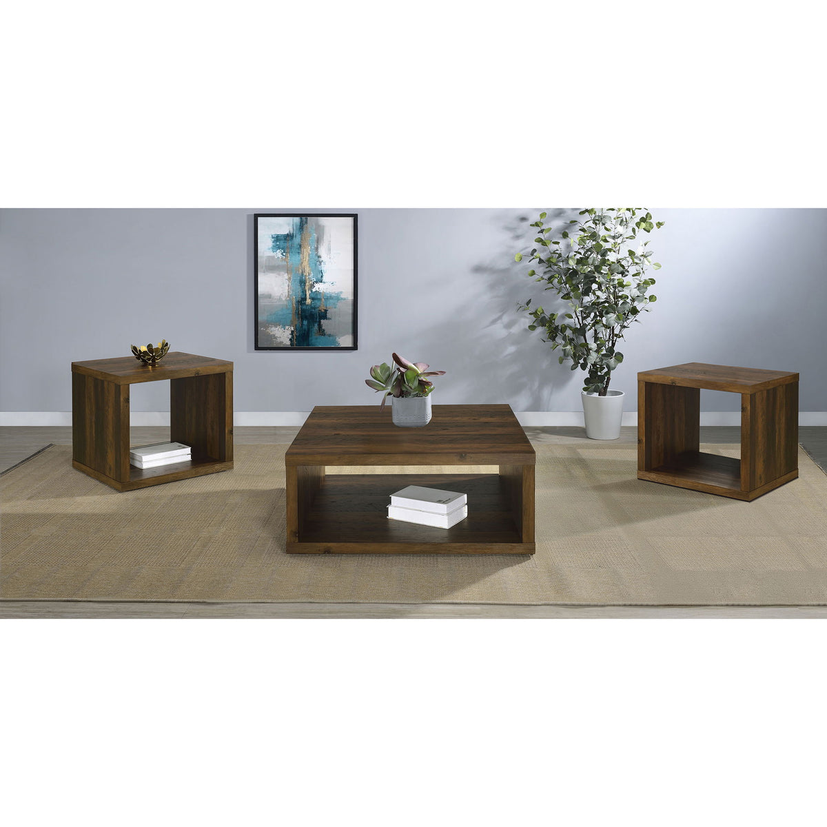 Hermosa open-sided table set with coffee table and two end tables, dark brown