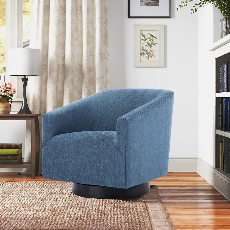 Light blue fabric swivel chair with curved arms and black round base