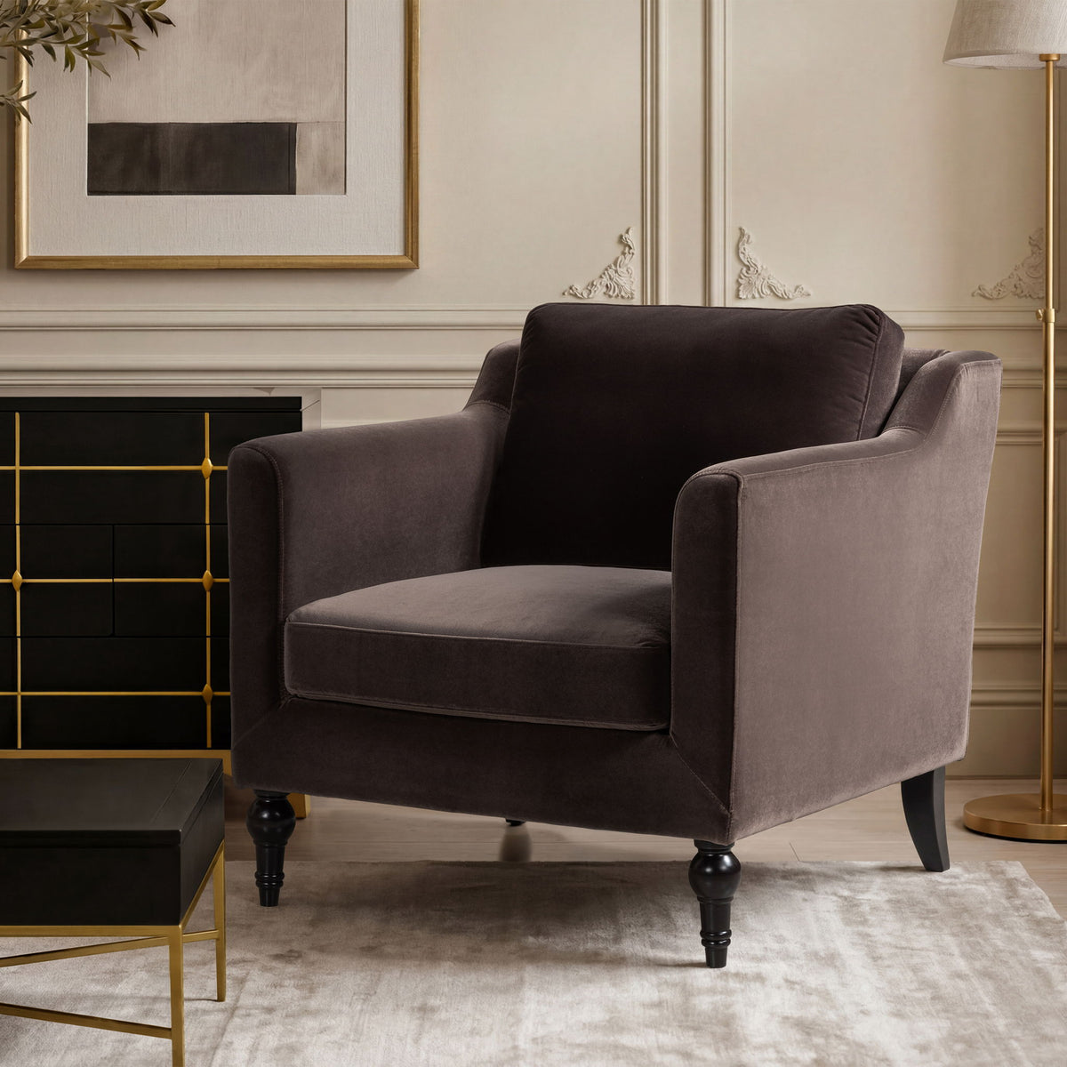 Dark brown upholstered accent chair with square arms, cushioned seat and turned dark legs
