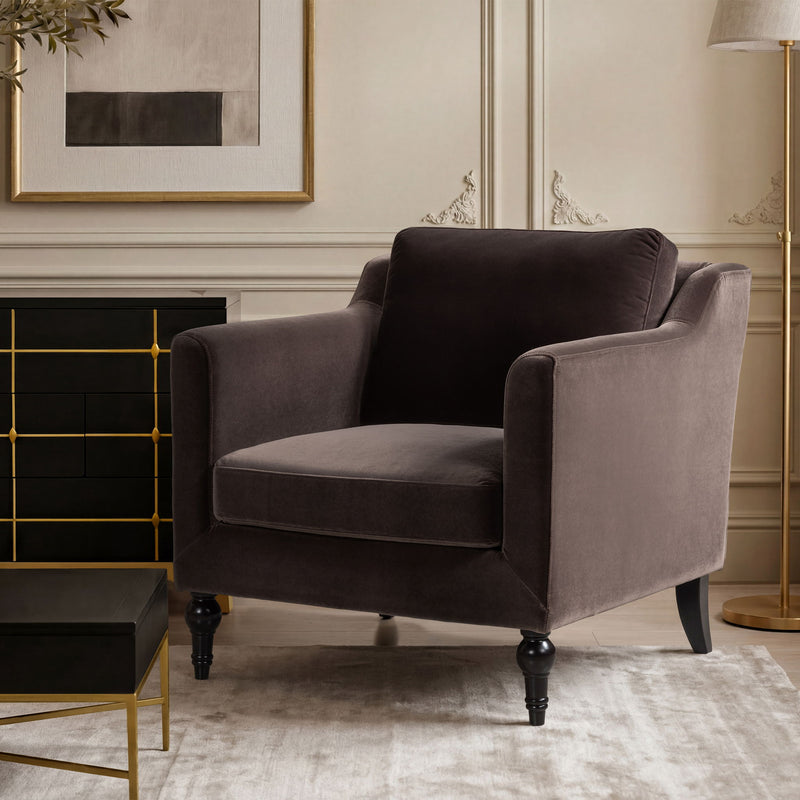 Dark brown upholstered accent chair with square arms, cushioned seat and turned dark legs