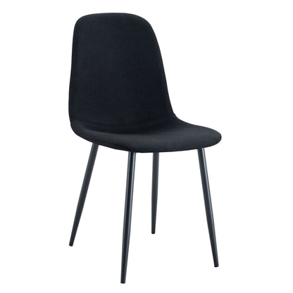 Black fabric cushioned side chair with curved back and black metal legs