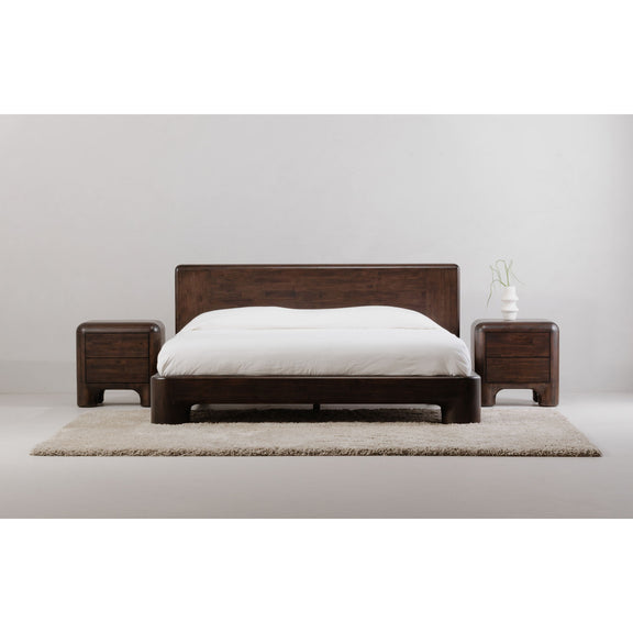 Dark brown wood nightstands with drawers, shown on both sides of the bed