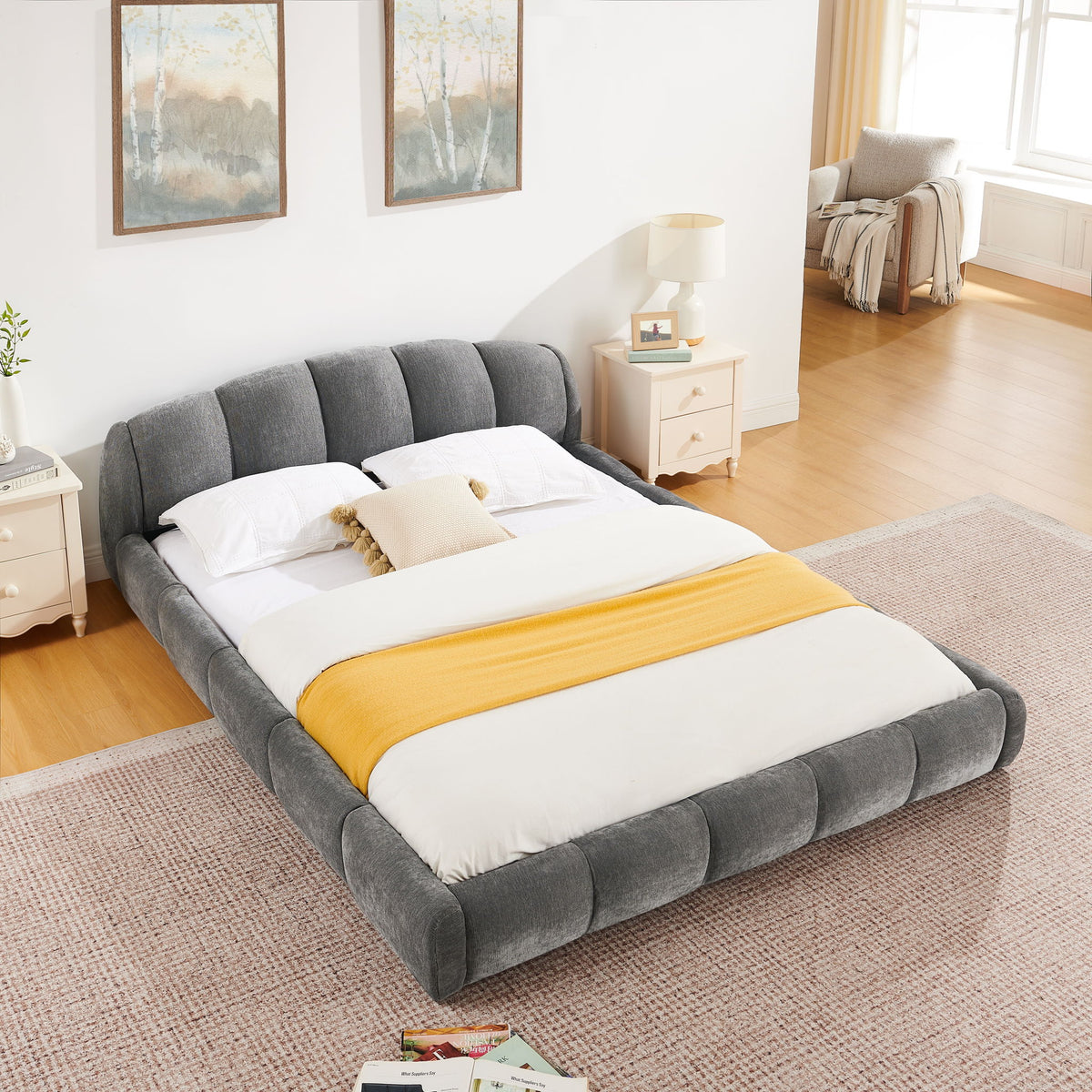 Upholstered Platform Bed Frame, Low Profile Floor Bed, No Box Spring Required