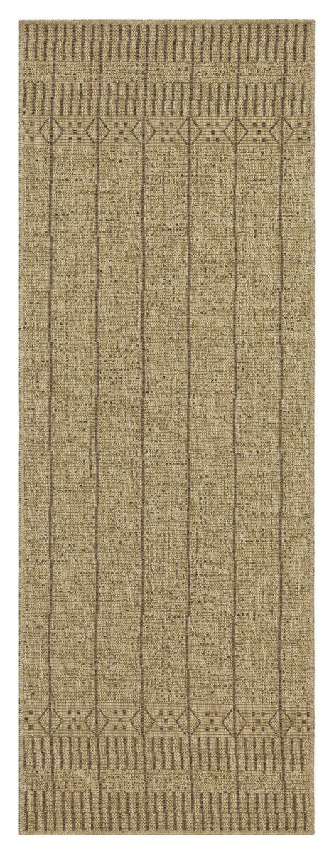 Light brown area rug with diamond edge border and vertical line pattern, narrow rectangle.