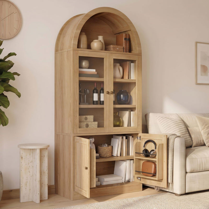 Light brown arched-top storage cabinet with open doors and 5-tier shelf compartments