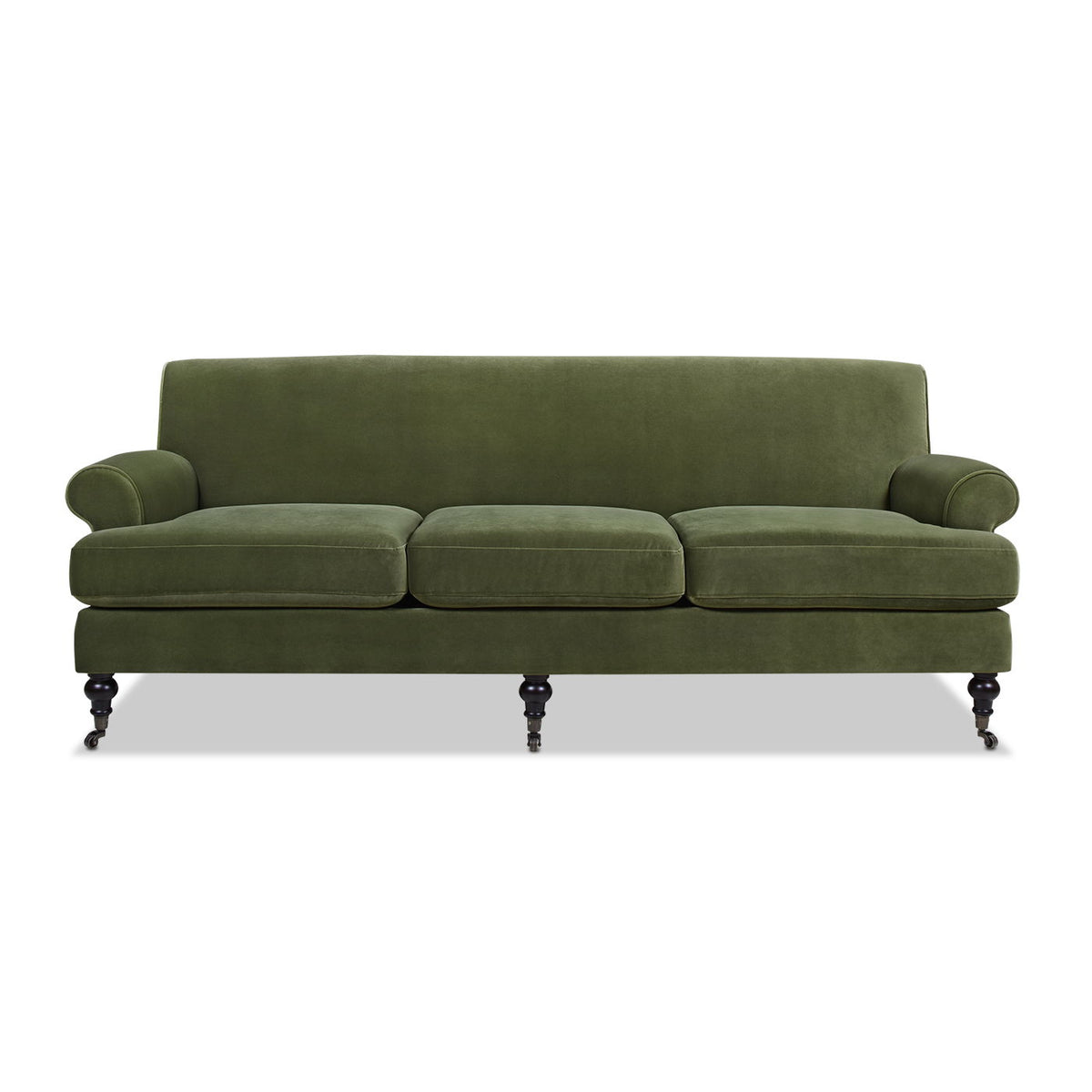 Three-cushion tightback sofa in dark green fabric, rounded arms, turned feet