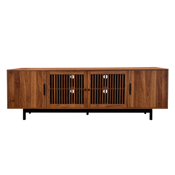 Walnut TV stand with two slatted cabinet doors and a center shelf section