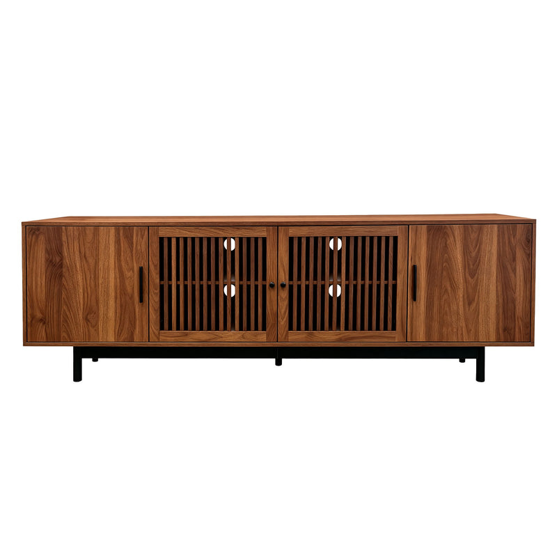 Walnut TV stand with two slatted cabinet doors and a center shelf section