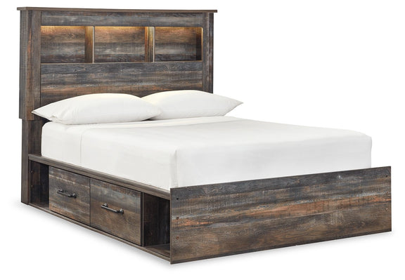 Panel bookcase bed with bookcase headboard and two drawers, dark wood, white mattress and pillows