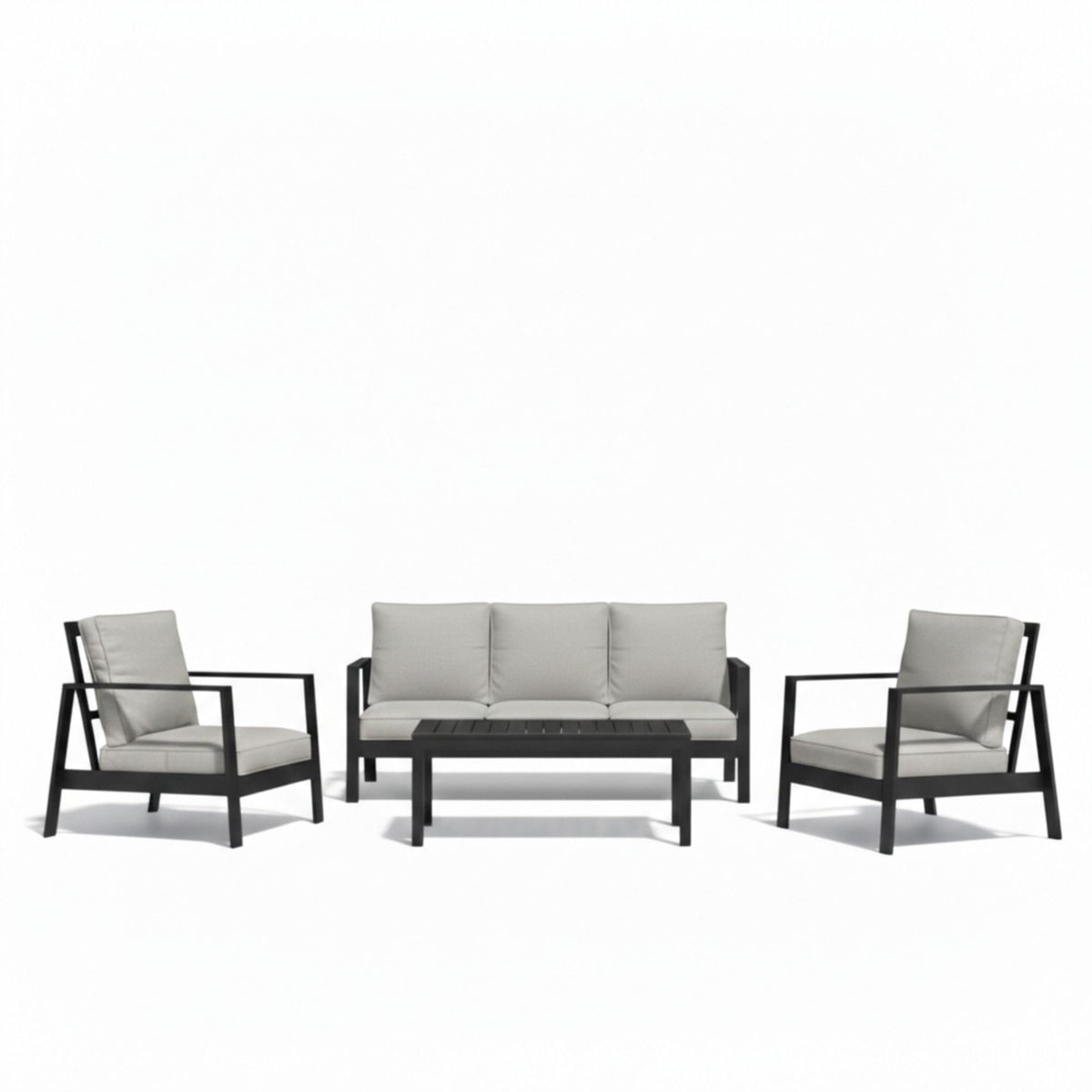 Outdoor patio set with gray cushions: sofa, 4 armchairs, and black coffee table