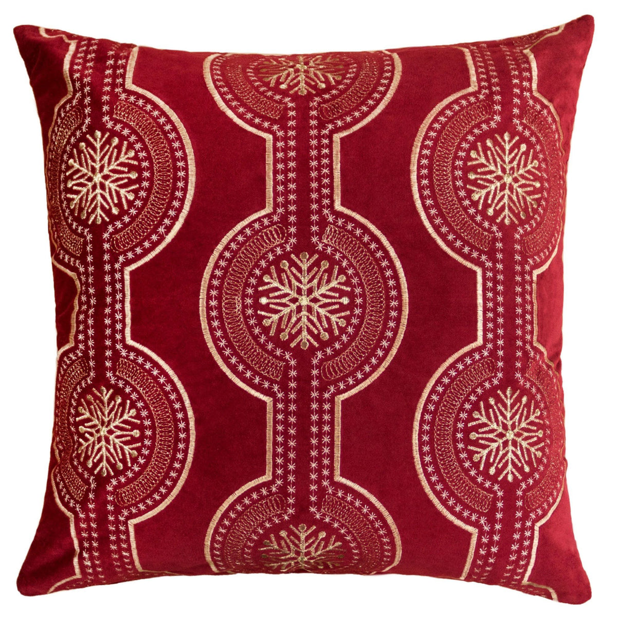 Red holiday throw pillow with circular snowflake embroidery and stitched border pattern