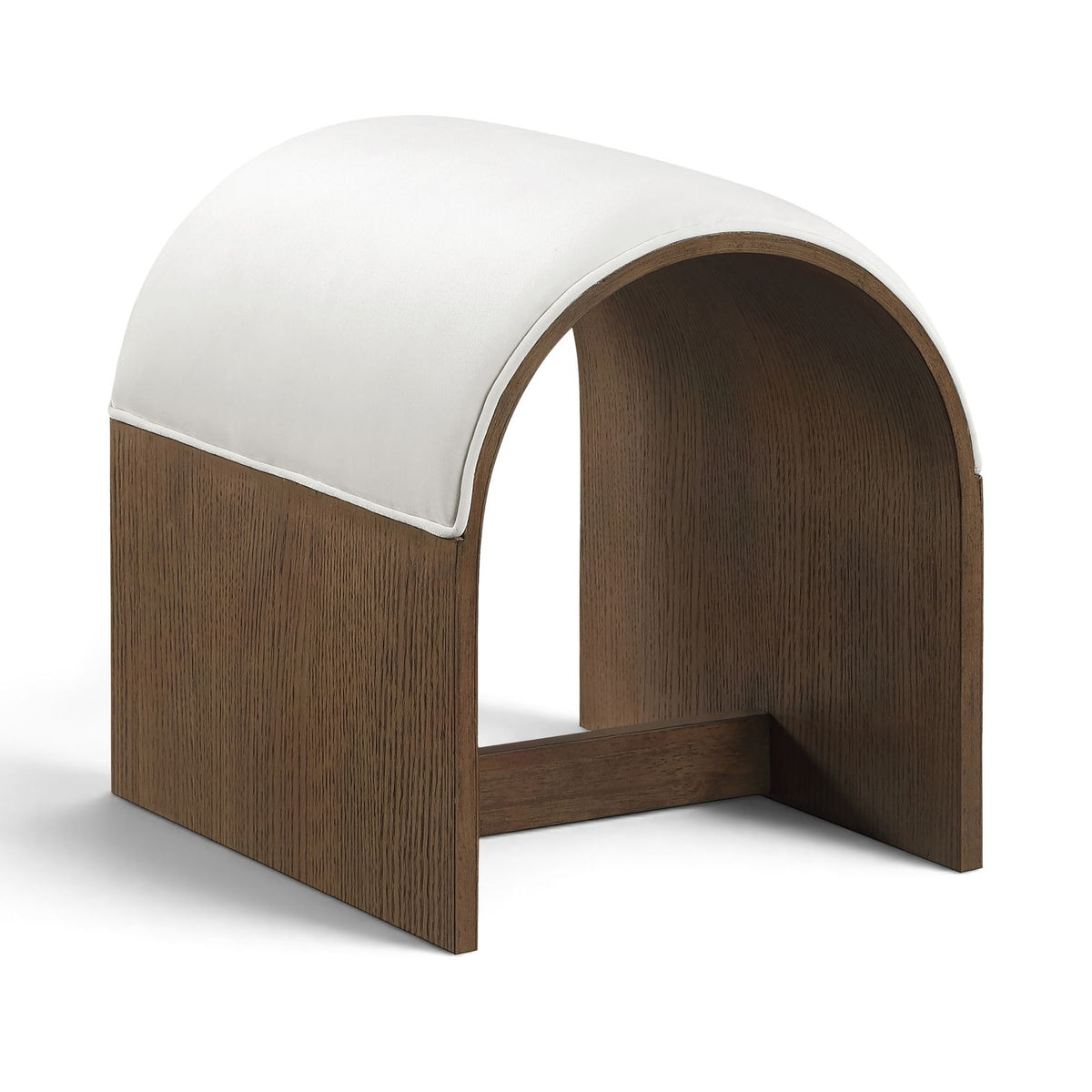 White velvet upholstered bench with arched back and dark wood base, open middle
