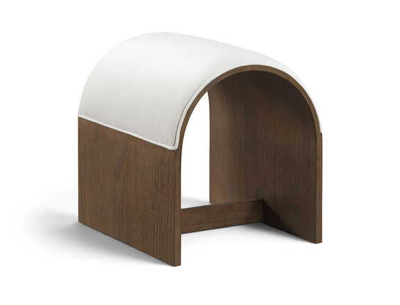 White velvet upholstered bench with arched back and dark wood base, open middle