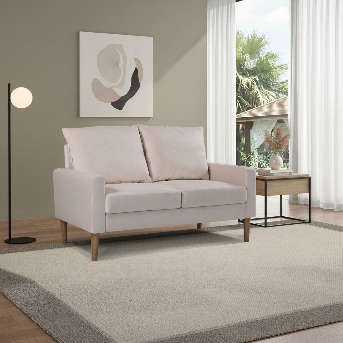 Upholstered 2-seater loveseat sofa in light beige with two back cushions and wooden legs