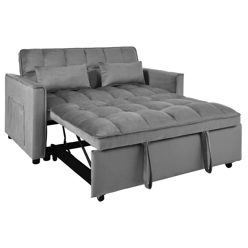 Dark gray velvet-look convertible sofa bed with tufted seat cushions and pull-out bed