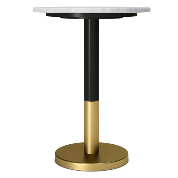 Side view of the marble side table with a black and gold stem and round gold base