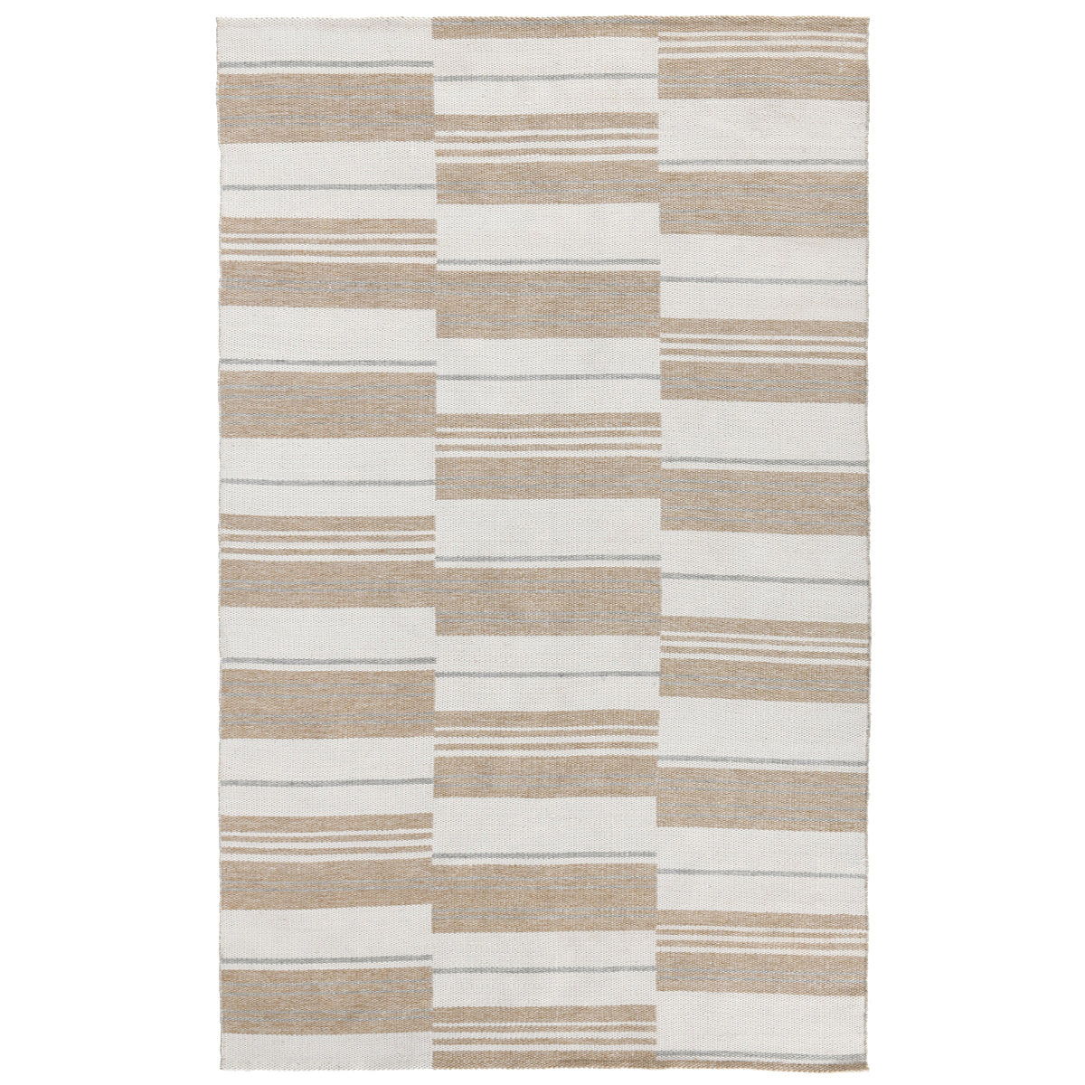 Indoor/outdoor striped patchwork rug with white and tan block pattern and thin lines