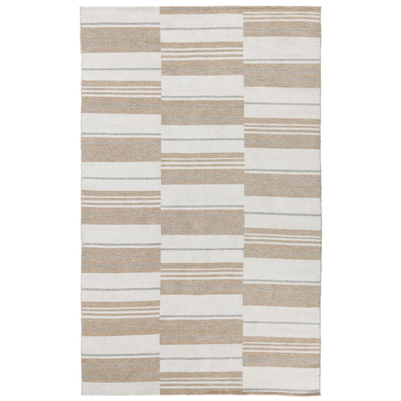 Indoor/outdoor striped patchwork rug with white and tan block pattern and thin lines