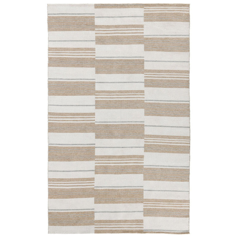 Indoor/outdoor striped patchwork rug with white and tan block pattern and thin lines