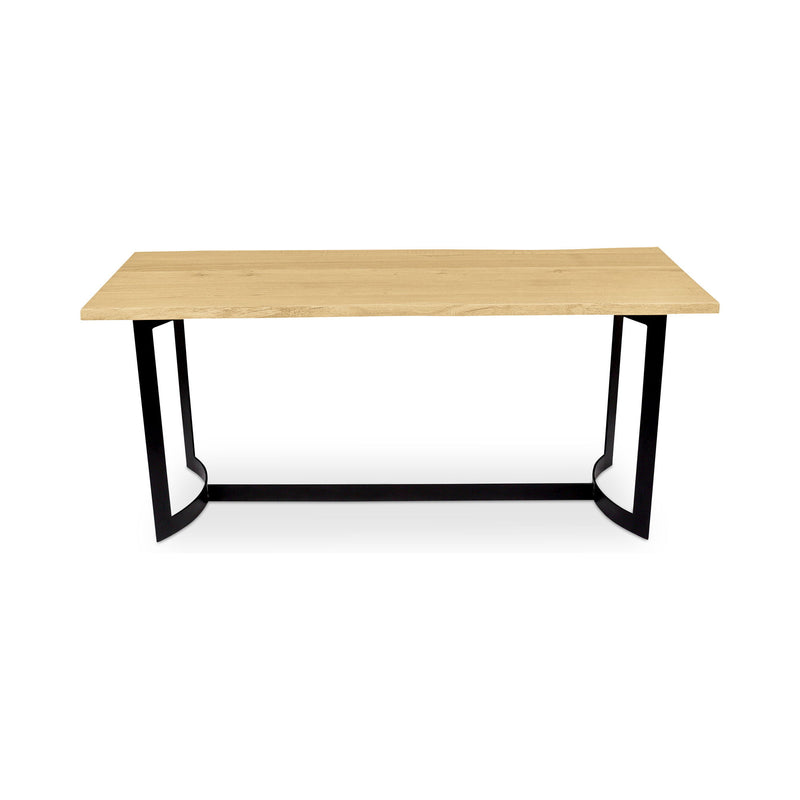Natural oak counter table with rectangular wood top and black metal frame