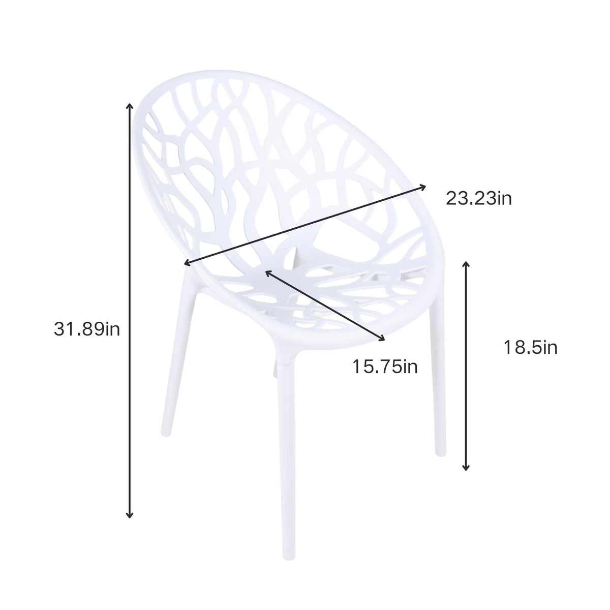 White dining chair dimensions: 31.89in H, 23.23in W, 18.5in D
