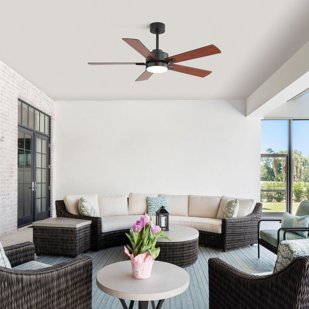 Black ceiling fan with integrated light and multi-blade design
